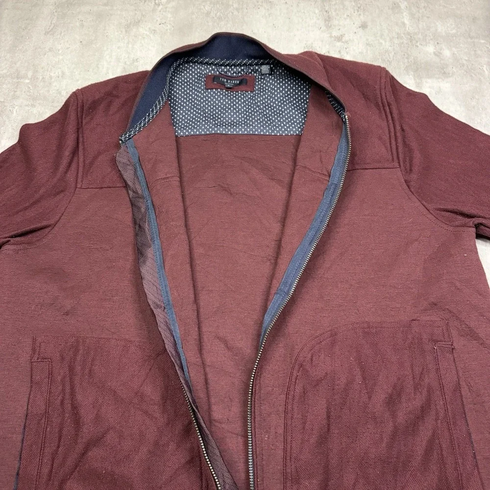 Ted Baker London Mens Size 6 Burgundy Zip Up Bomber Sweater Jacket Fleece